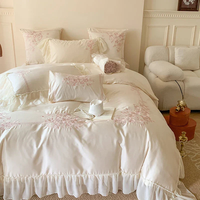 4Pcs Queen Size Flowers Embroidery Bedding Set Duvet Cover Bed Sheet Pillowcases