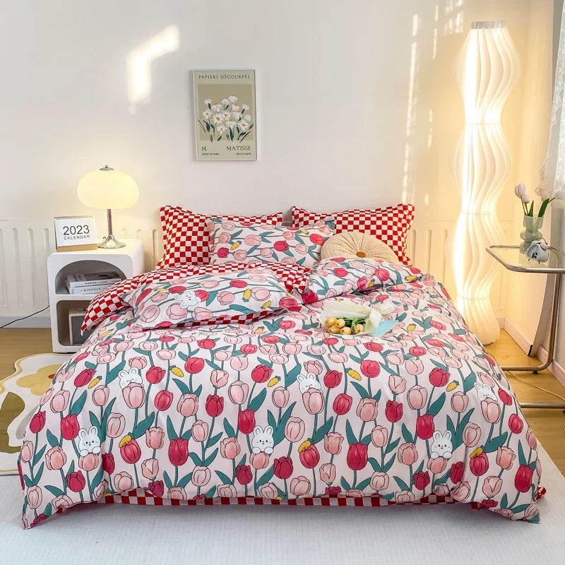 Cartoon Print Home Bedding Set Simple Fresh Comfortable Duvet Cover Set with Sheet Comforter Covers Pillowcases Bed Linen