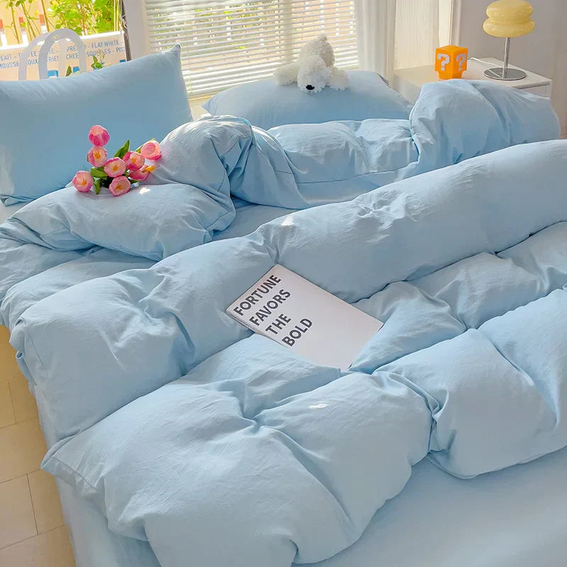 Girls Blue Duvet Cover Set Twin Full Queen Size Soft Flat Sheet Pillowcase Bed Linen Princess Style Solid Color INS Bedding