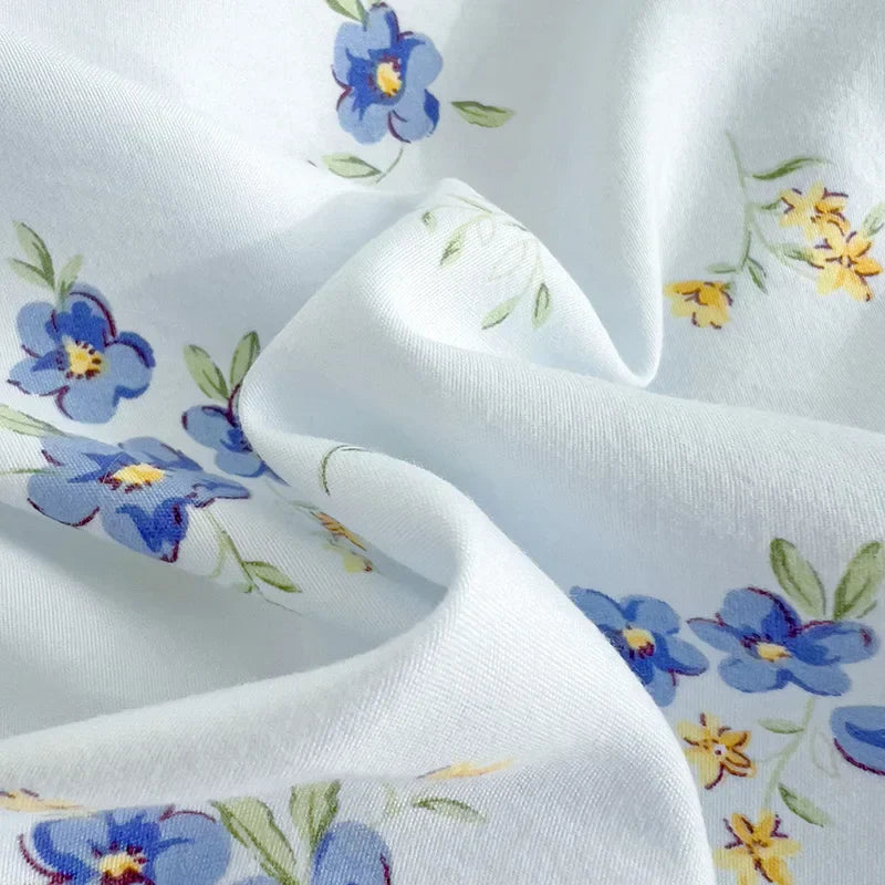 Ins Style Floral Duvet Cover Set Flat Sheet Pillowcases No Filling Queen 200x230cm Romantic Girls Blue Bedding Flower Bed Linens
