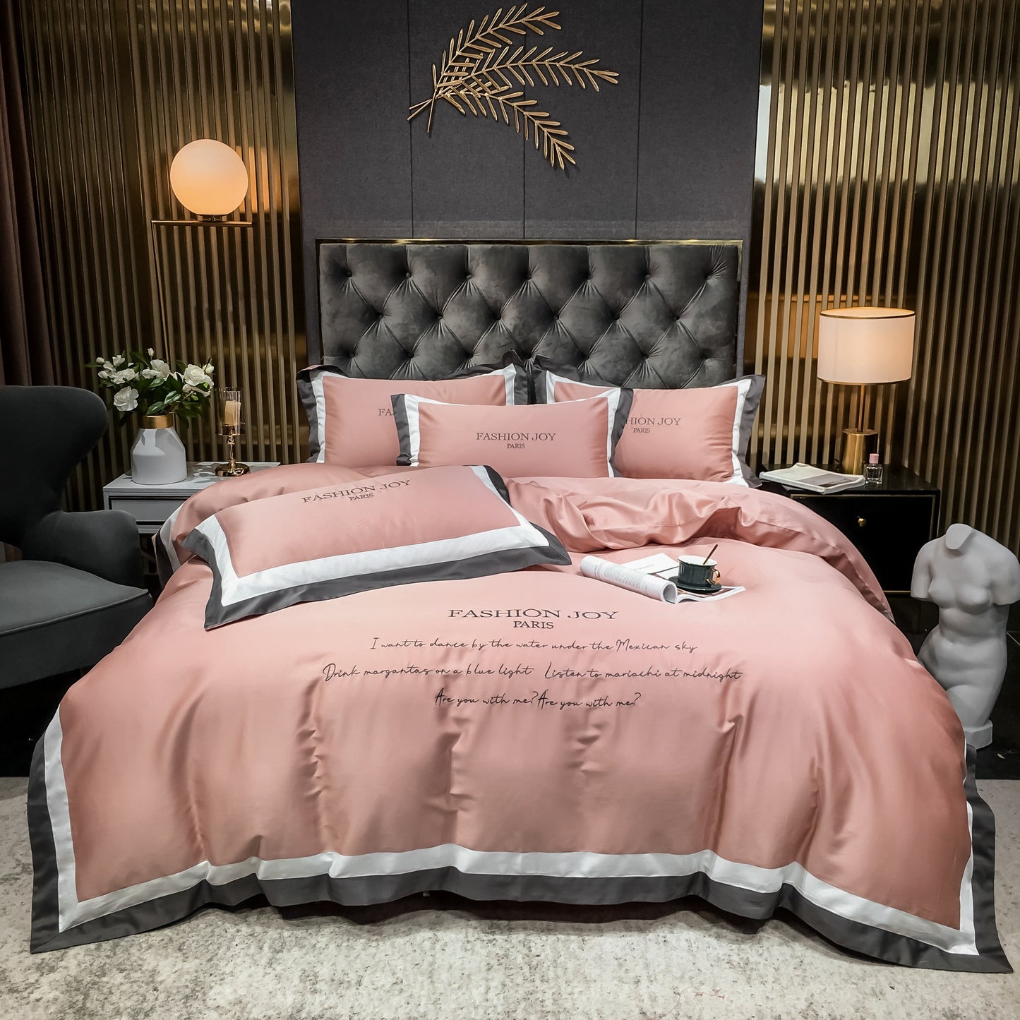 new four-piece bedding fashion cotton double household bed sheet quilt cover splicing design bedding pink color