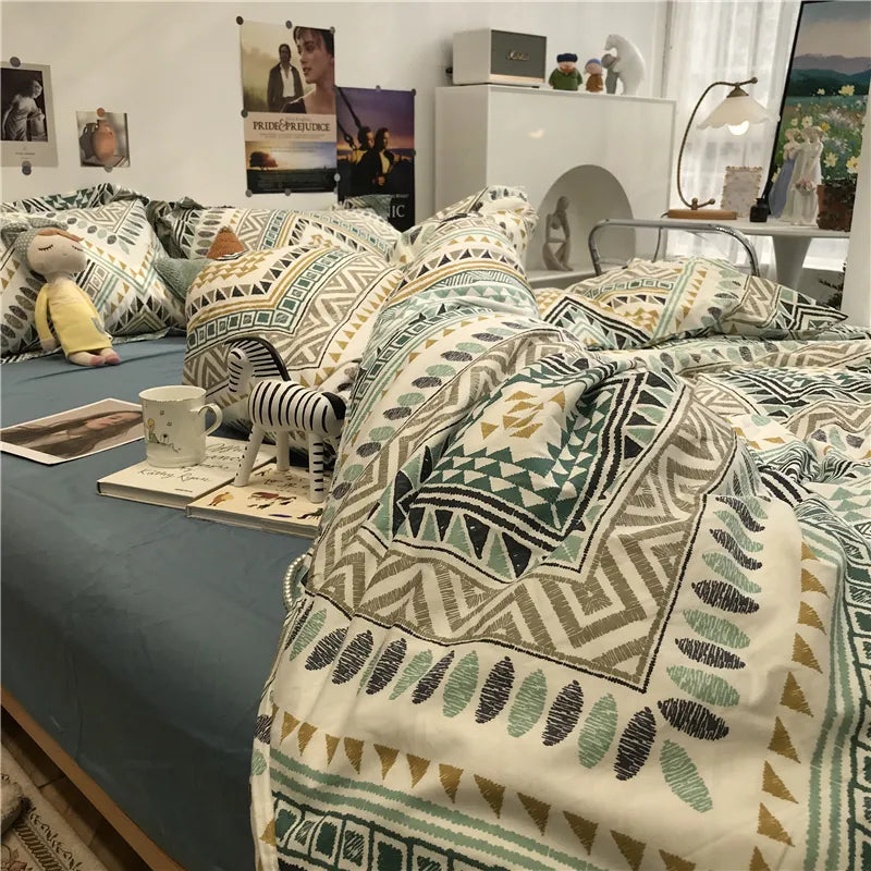 Simple Nordic Bed Four-Piece Set All Cotton Pure Cotton Quilt Cover Bohemian Style 1.5 M1.8 M Apartment Fitted Sheet