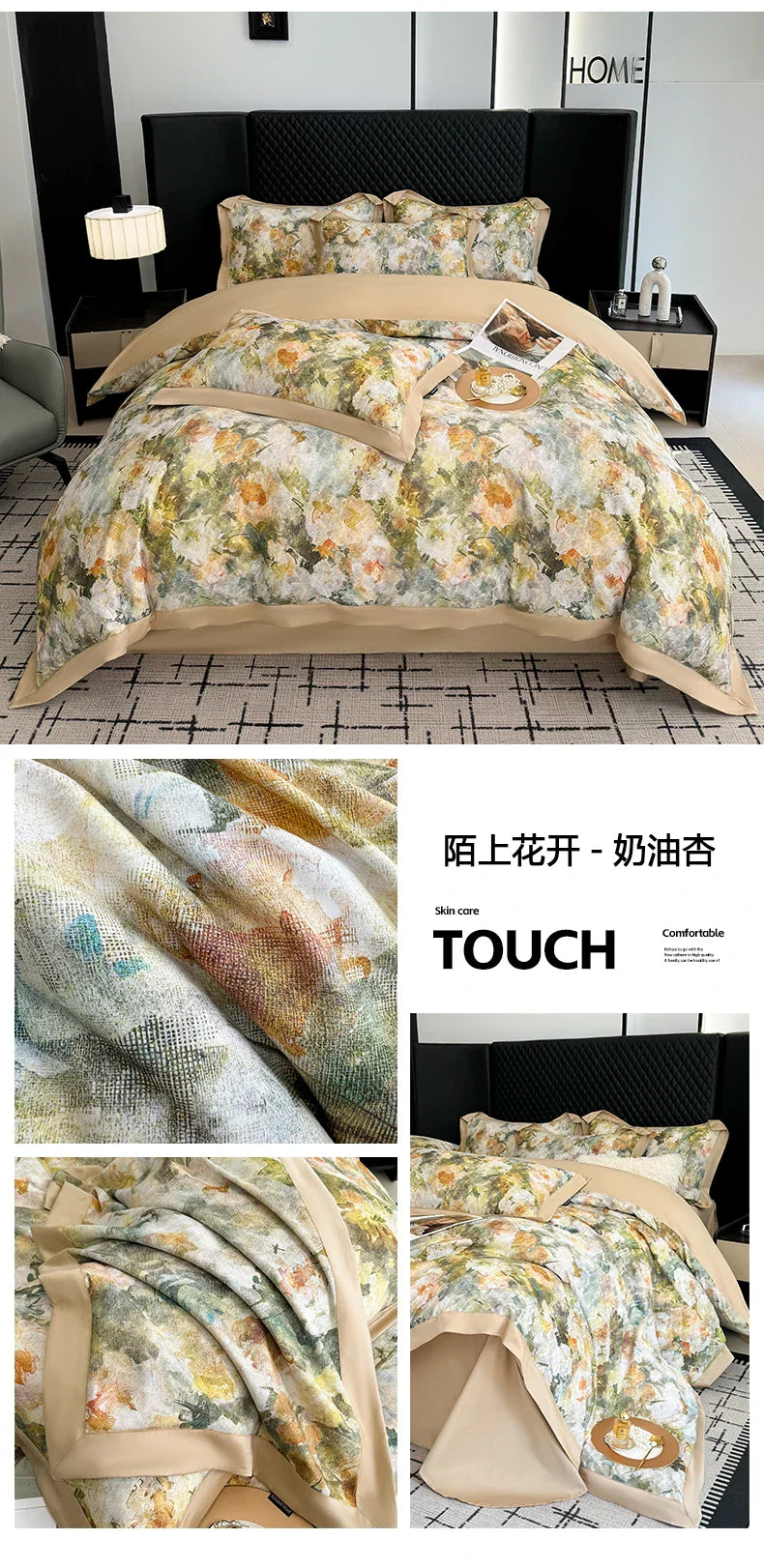 4pcs Floral Print Egyptian 100% Cotton Bedding Set Queen King Comforter Duvet Cover Flat/Fitted Bed Sheet Pillowcases 48x74cm