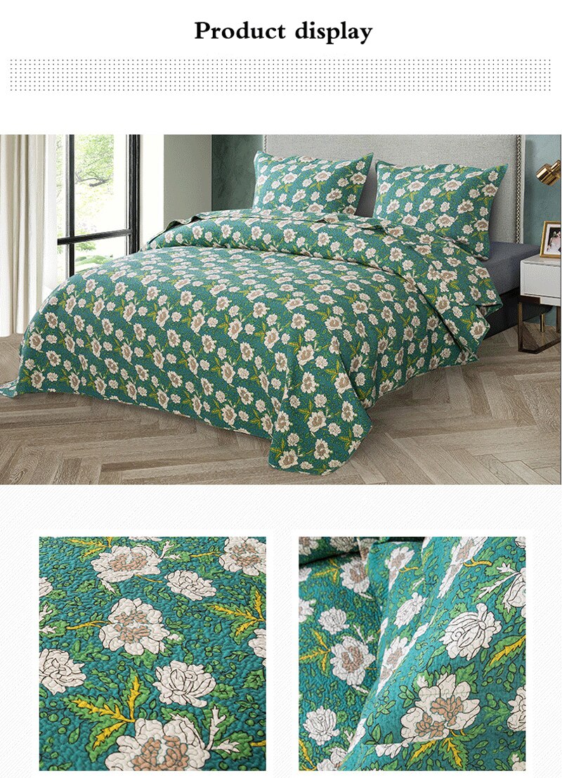 Double Bed Cotton Green White Flowers 3pcs Printed Quilted Quilt Pillowcase Free Shipping