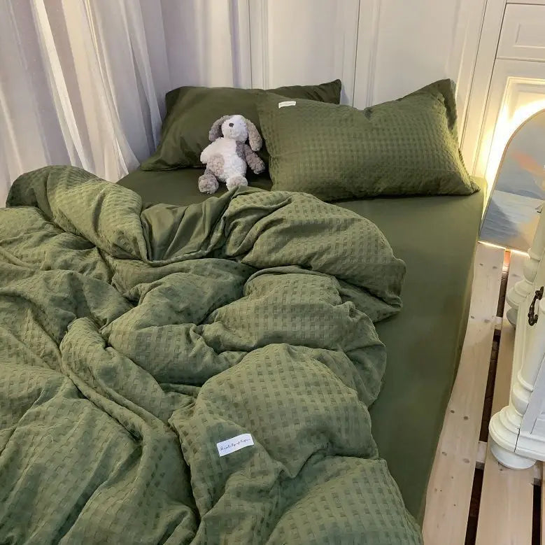 Bedding Set Luxury High Grade Light  Washable Cotton Waffle Four Piece  Olive Green Quilt Cover Bed Sheet Dormitory Three Piece