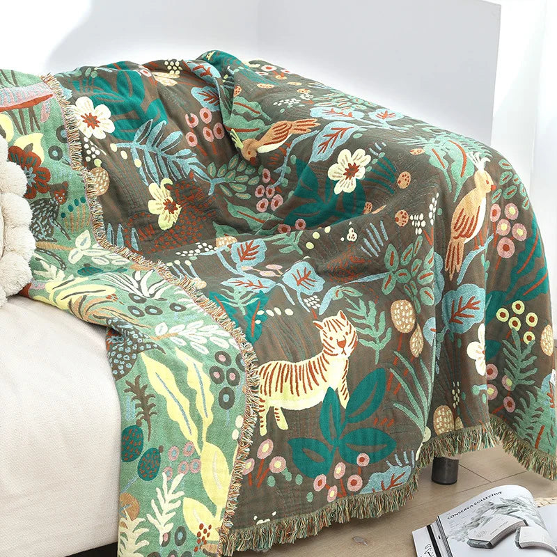 Textile City Jungle Tiger 6 Layer Cotton Gauze Towel Quilt Green Summer Cool Office Comfy Single Blanket Sofa Cover Blanket