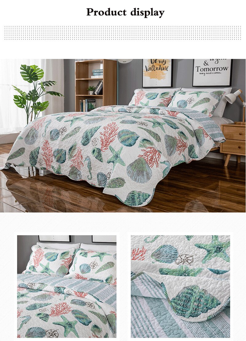 Double Bed Cotton Print Sea Life 3 Piece Quilted Quilt Pillowcase Free Shipping