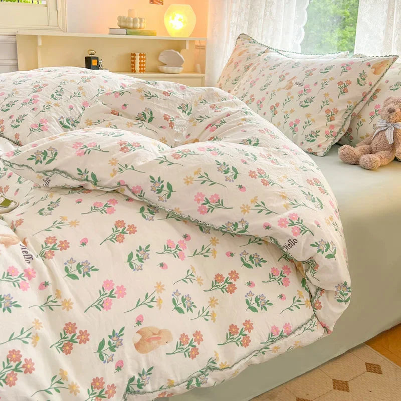 Fresh Botanical Floral Bedding Set for Kids and Adults, Leaves, Flower Duvet Cover, Pillowcases, Soft Washed Cotton, Home Textil