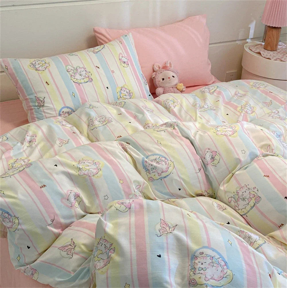 Floral Printed Duvet Cover with Pillowcase Bedding Set Washed Cotton Skin-friendly Four Pieces Set Duvet Cover Set with Sheet