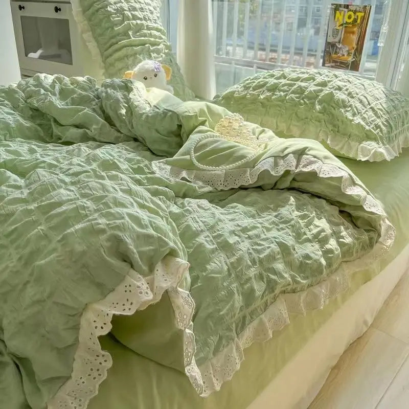 Korean Princess  Bedding Set Duvet Cover Ins Style Wash Cotton Solid Color Summer Soft Bed Sheet Set Comforter Set Quilt Cover