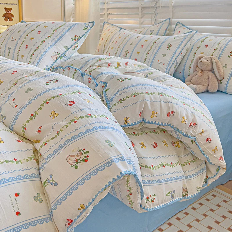 Fresh Botanical Floral Bedding Set for Kids and Adults, Leaves, Flower Duvet Cover, Pillowcases, Soft Washed Cotton, Home Textil