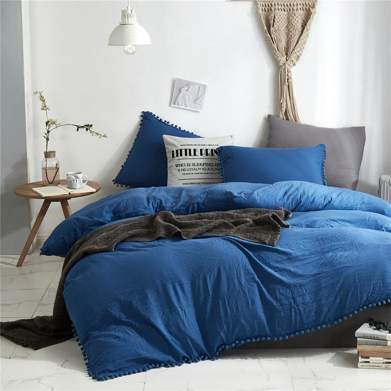 American Style Furball Tasseles Yellow Bedding Set Queen Home Hairball Tassel Bed Cover Sets Soft King Size Duvet Cover No Sheet