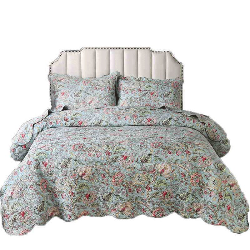 Double Bed 100% Cotton Plants And Flowers 3pcs Printed Quilted Quilt Pillowcase Free Shipping