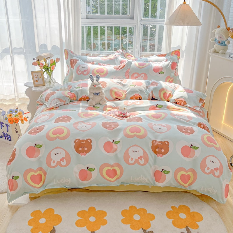 Cotton Home Textile Rose Floral Bedding Set Boy Girl Duvet Cover Flat Sheet Pillowcase Aesthetic Bedcloth Double Queen Bed Linen