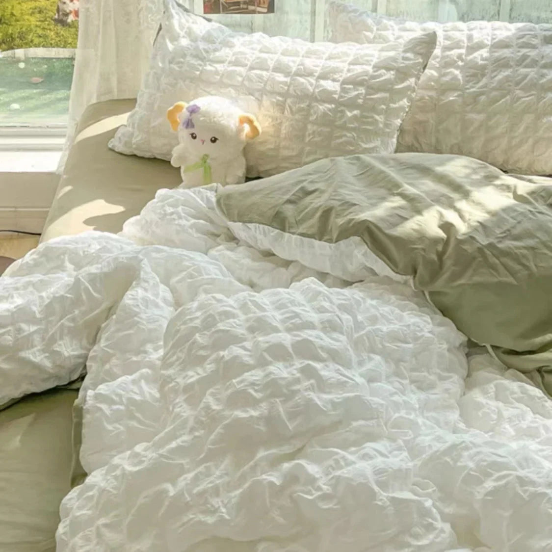 Princess Bedding Set  French Style Wash Cotton Solid Color Seersucker Summer Soft 4New Bed Sheet Set Comforter Set