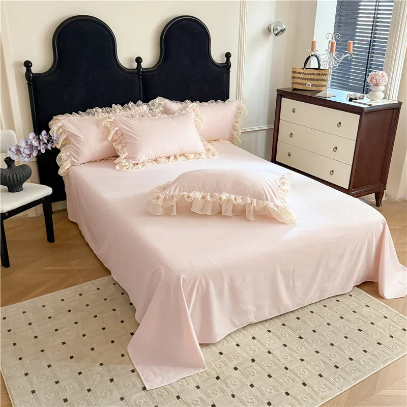 4Pcs Princess Wedding Bedding Set Korean Style Lace Flowers Embroidery Duvet Cover Bed Sheet/Fitted Sheet/Bed Skirt Pillowcases