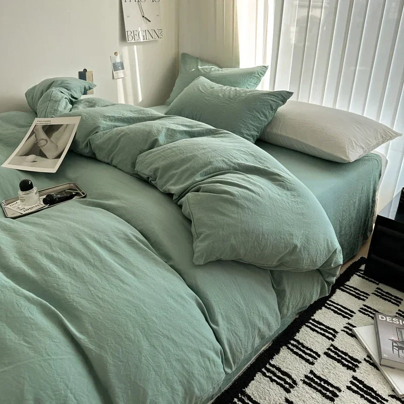 Bed Linen Solid Cotton Bedding Set with Sheet Duvet Cover Pillowcases Single Couple Bedsheet King Queen Double Twin Size