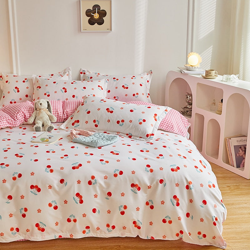 Cotton Home Textile Rose Floral Bedding Set Boy Girl Duvet Cover Flat Sheet Pillowcase Aesthetic Bedcloth Double Queen Bed Linen