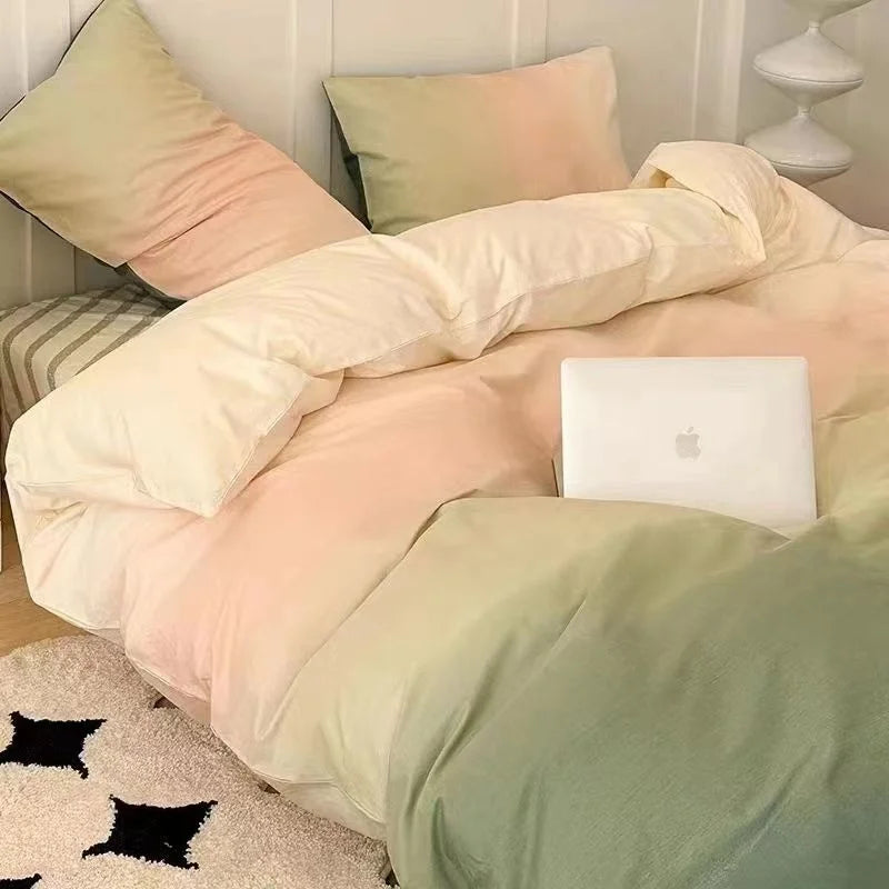 INS Gradual Cream Pink Green Bedding Set Floral Duvet Cover Pillowcase Kawaii Bed Sheet Quilt Cover Single Queen King Size