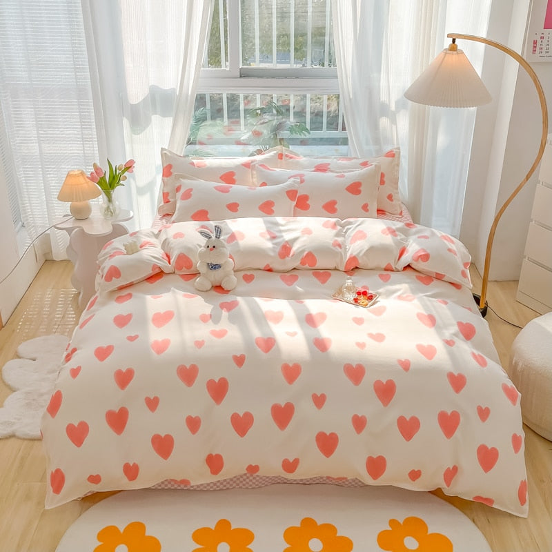 Cotton Home Textile Rose Floral Bedding Set Boy Girl Duvet Cover Flat Sheet Pillowcase Aesthetic Bedcloth Double Queen Bed Linen