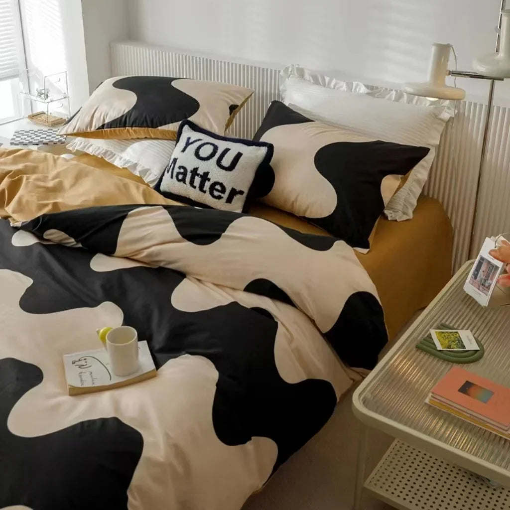 Fashion Style Pink Black Bedding Set Soft Flower Duvet Cover Pillowcase Bed Flat Sheet Set For Girl Double Queen King Bedclothes