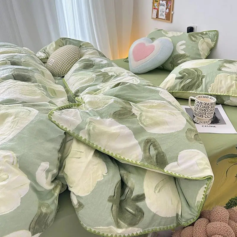 Student Dormitory Three-piece Ins Oil Painting Wind Tulip Quilt Set Double Yarn Four-piece Set 1.8 Washed Cotton Bed Girl