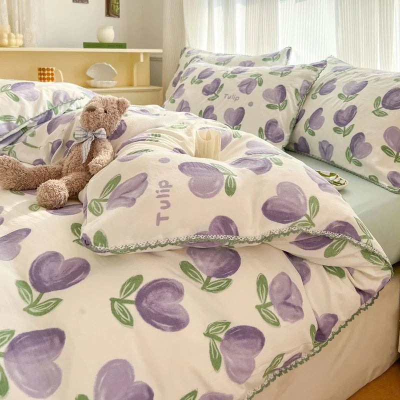 Fresh Botanical Floral Bedding Set for Kids and Adults, Leaves, Flower Duvet Cover, Pillowcases, Soft Washed Cotton, Home Textil