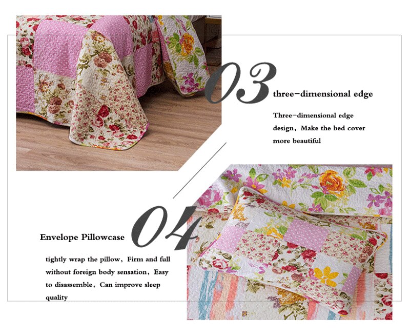 Double Bed Cotton Printed Floral Rose 3 Piece Quilted Quilt Pillowcase Free Shipping