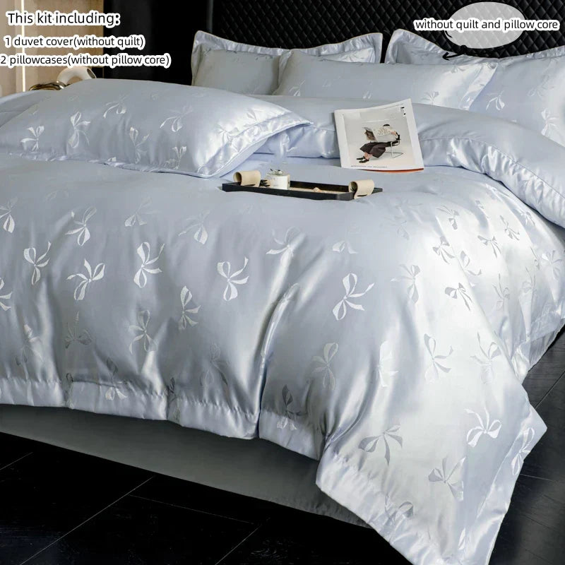 3pcs Cream color Duvet Cover Set (1*Duvet Cover + 2*Pillowcase, Without Core), bow jacquard Bedding Set