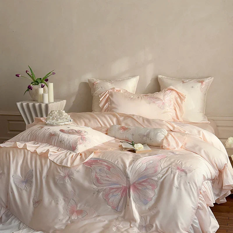 100% Cotton Gorgeous Bedding Set Butterfly Embroidery Flat Sheet Pillowcases Queen Size For Women Bare Sleeping Skin-Friendly