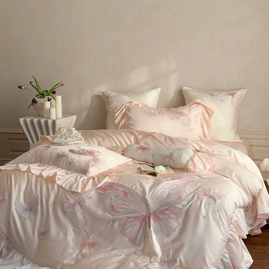 100% Cotton Gorgeous Bedding Set Butterfly Embroidery Flat Sheet Pillowcases Queen Size For Women Bare Sleeping Skin-Friendly