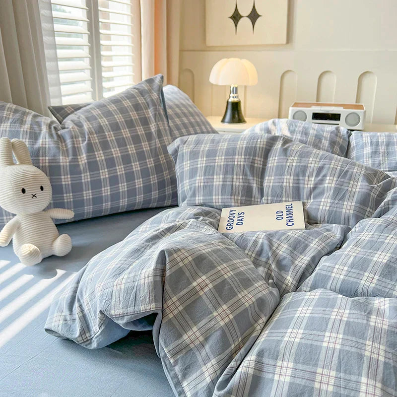 4 New Lattice Duvet Cover Set with Sheet Pillowcases No Filling Warm Bed Linen Twin Full Queen Size Grid Home Bedding Set