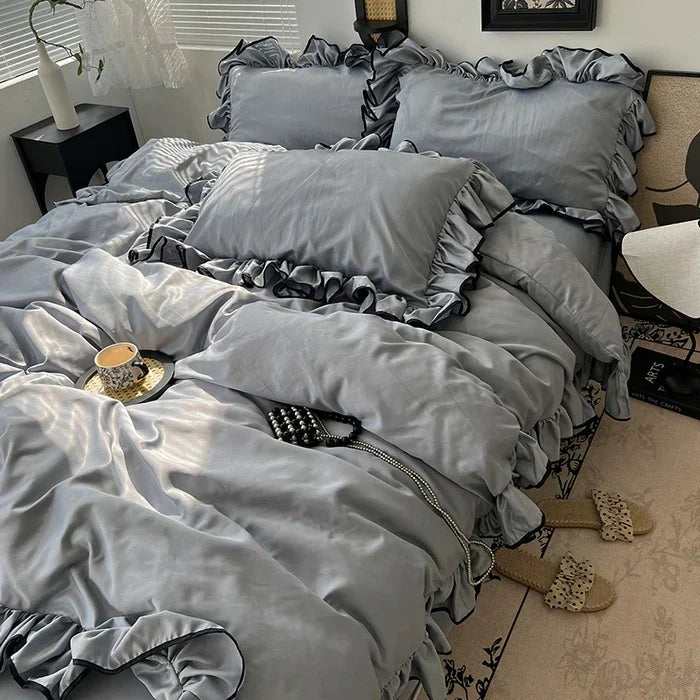 2025 summer ice silk Korean large lace washed silk four-piece set lace mattress cool bed sheet summer bedding