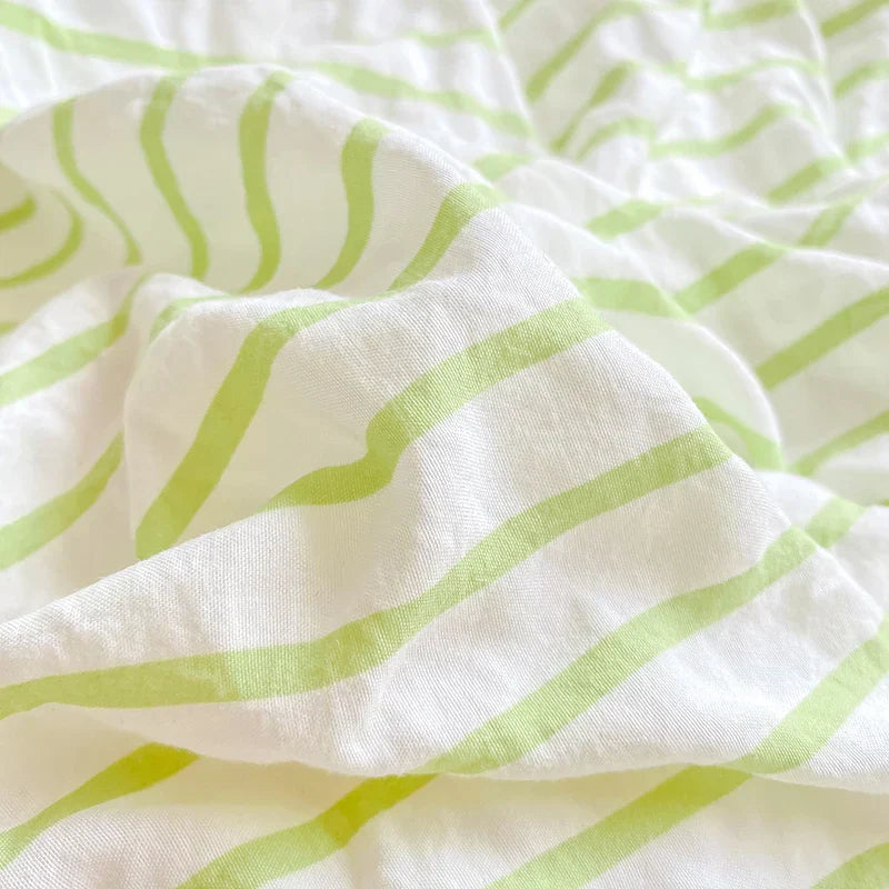 Green Striped Duvet Cover Pillowcase and Solid Color Sheet INS Bedding Set Adult Girls Bedclothes Washed Cotton Bed Linens