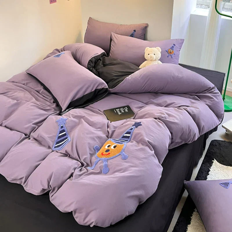 Super Soft Towel Embroidery Bedding Set Duvet Cover Queen Full Twin Size Bed Flat Sheet Kids Girls Quilt Cover Pillowcase Kawaii