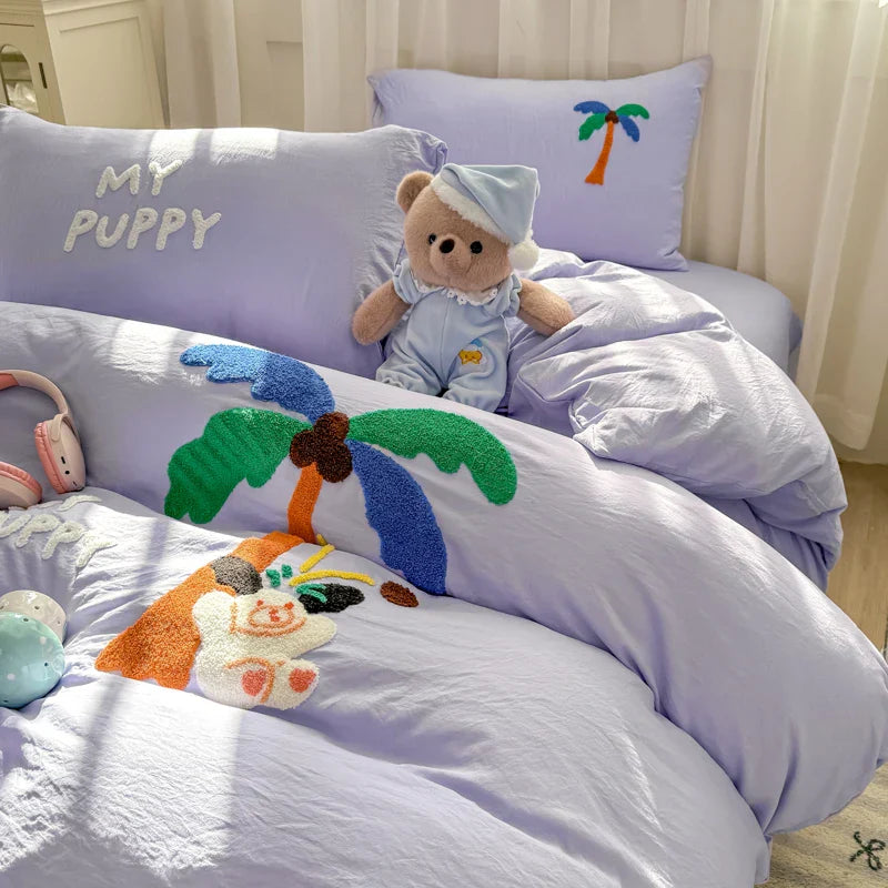 Bedding Set Ins Cute Blue embroidery Mixed With Washed Cotton Minimalist Four Piece Set Fitted Sheets Duvet Cover