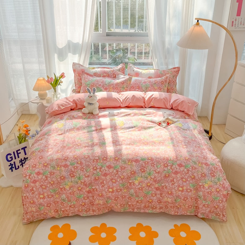 Cotton Home Textile Rose Floral Bedding Set Boy Girl Duvet Cover Flat Sheet Pillowcase Aesthetic Bedcloth Double Queen Bed Linen