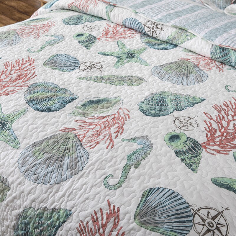 Double Bed Cotton Print Sea Life 3 Piece Quilted Quilt Pillowcase Free Shipping