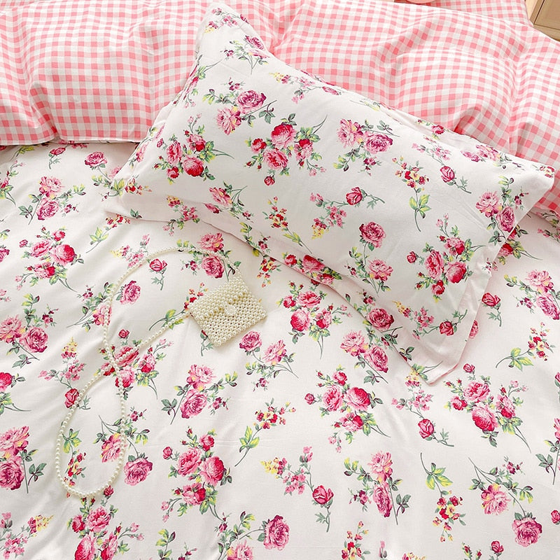 Cotton Home Textile Rose Floral Bedding Set Boy Girl Duvet Cover Flat Sheet Pillowcase Aesthetic Bedcloth Double Queen Bed Linen