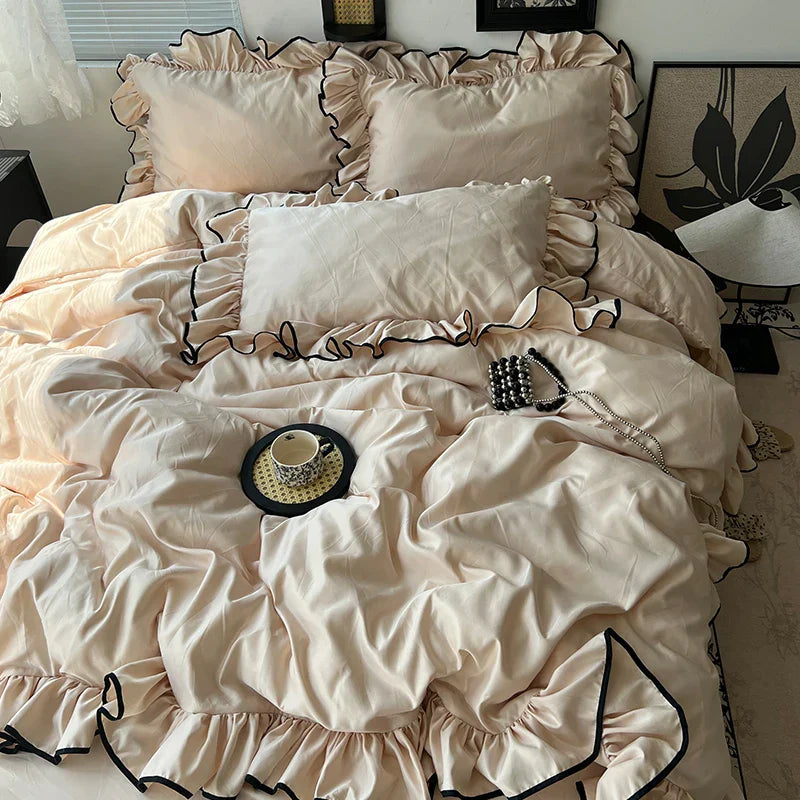 3/4Pcs Korean Princess Style Ruffles Bedding Set Skin-friendly Soft Silky Cool Feeling Duvet Cover Set Bed Sheet Pillowcases