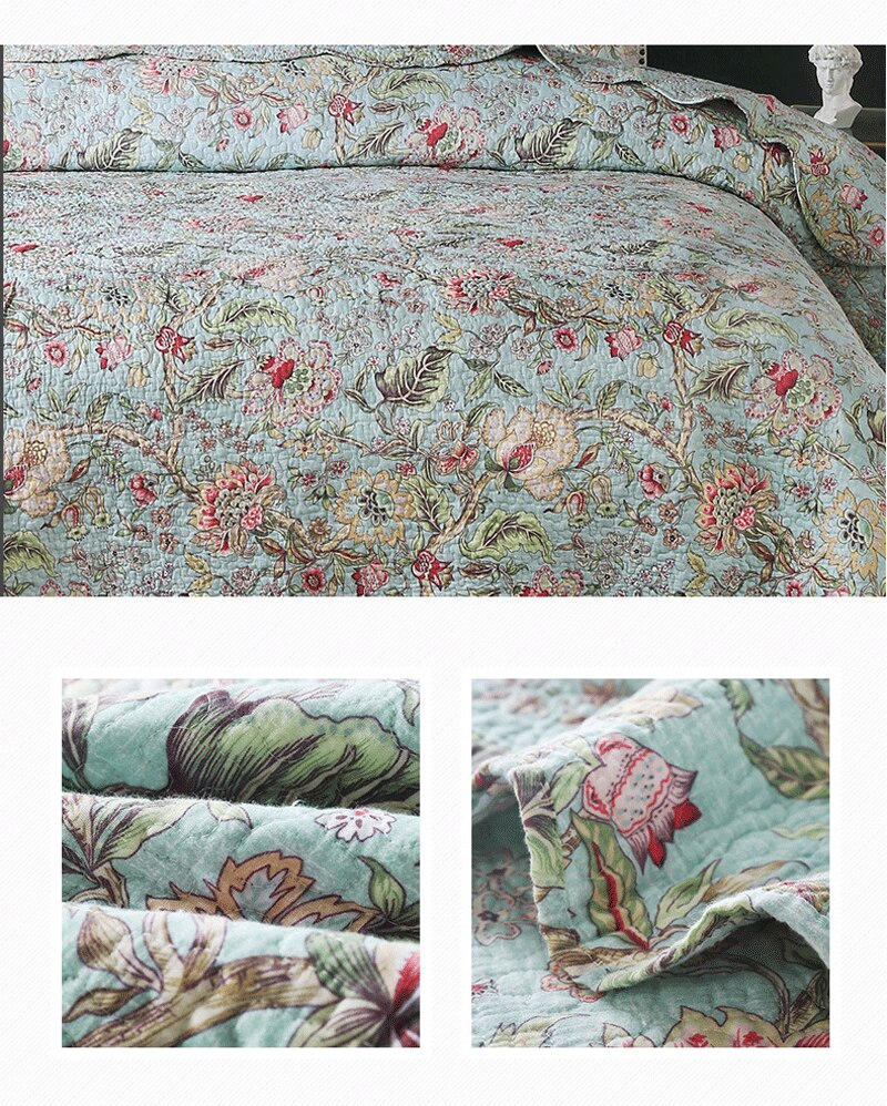 Double Bed 100% Cotton Plants And Flowers 3pcs Printed Quilted Quilt Pillowcase Free Shipping