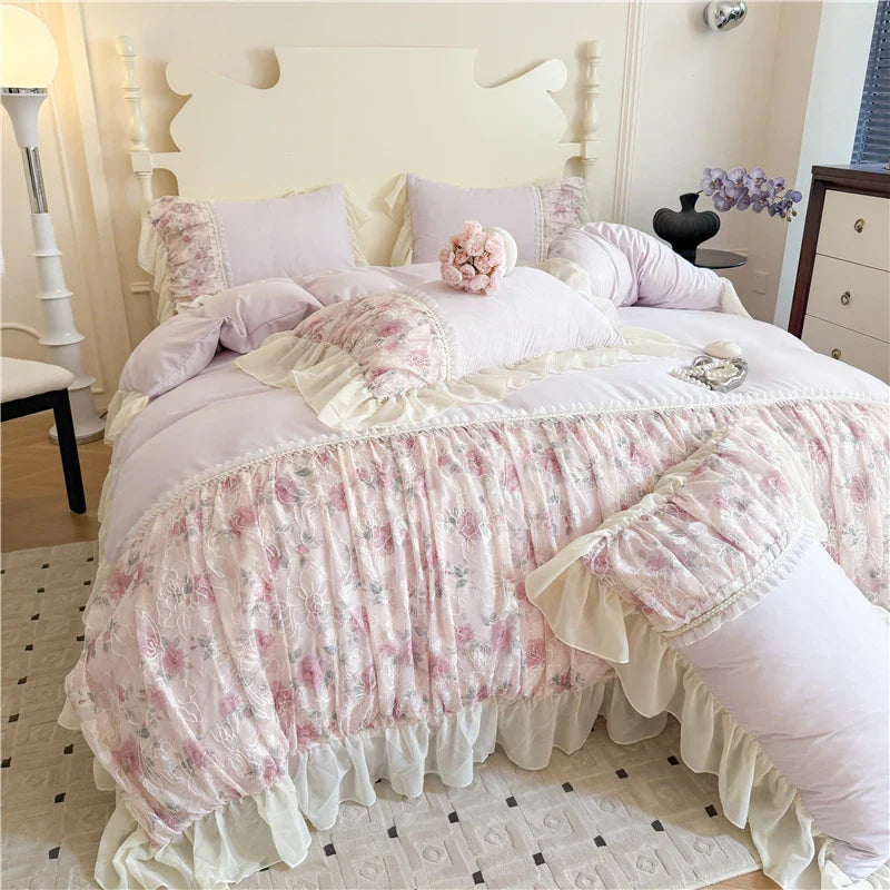Flowers Lace Ruffles Princess Wedding Bedding Set Full Queen King Duvet Cover Bed Skirt/Bed Sheet/Fitted Sheet Pillowcases 4Pcs