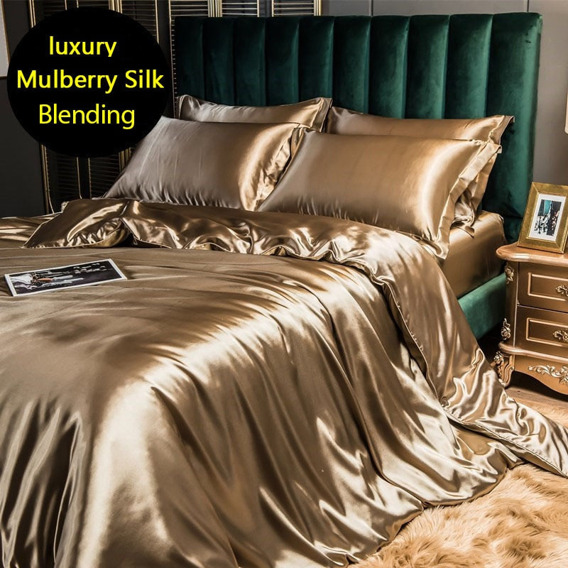 blending Mulberry Silk Bedding Set Silky High-end Queen Size Duvet Cover Set with Fitted Sheet Luxury Bedding Sets King Bed Sets