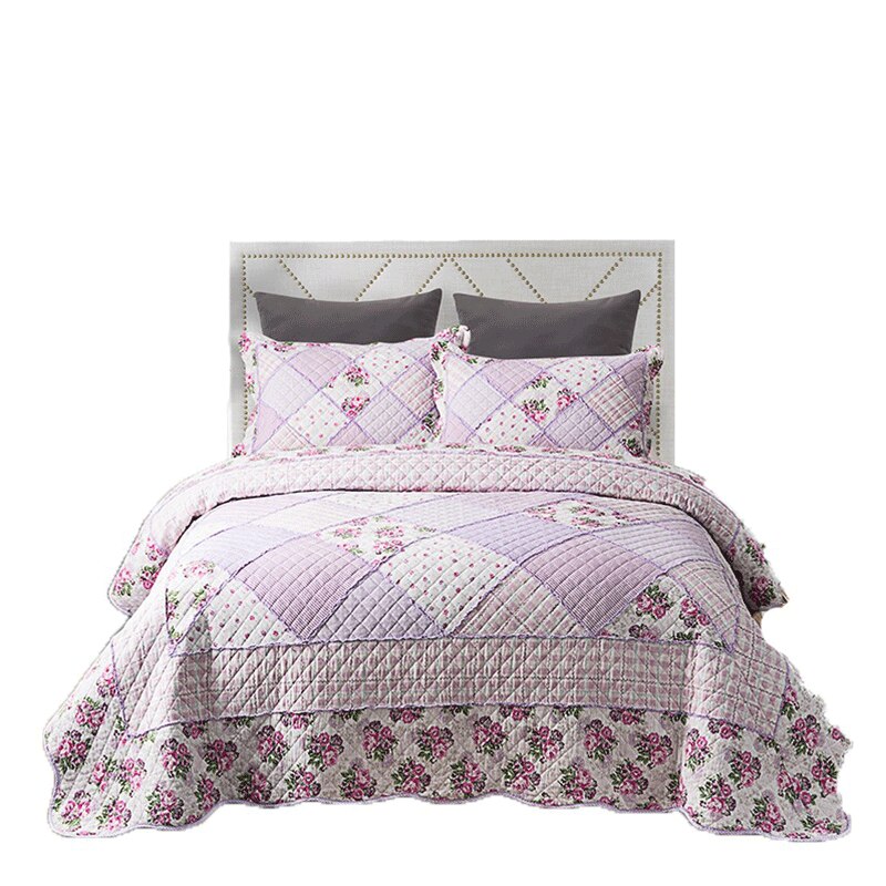 Single Double Bed 100%Cotton Purple 3pcs Printed Quilted Quilt Pillowcase Free Shipping len?ol de cama casal ?????