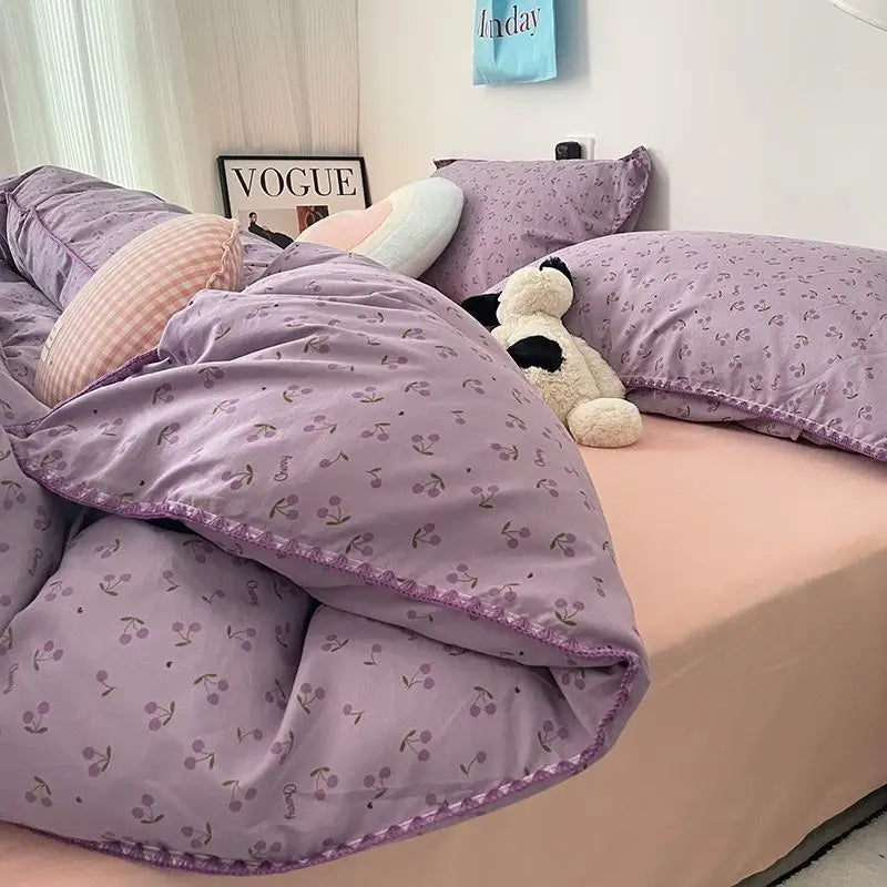Bedding Set Double Layered Yarn INS Girls Mushroom Soft Washed Cotton Bed Sheet Queen King Size Duvet Set Pillowcase Bed Sheet