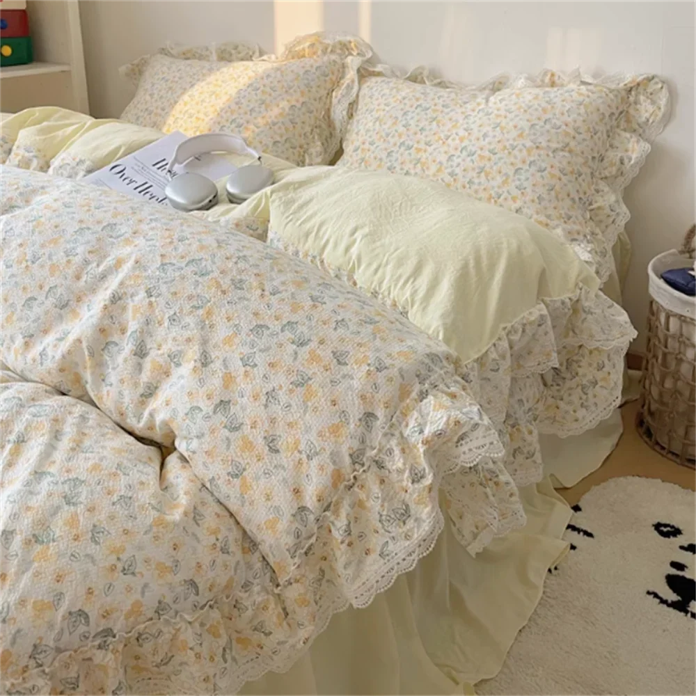 Cream Feng Shui Wash Cotton Lace Bed Set Four Piece Princess Style Retro Quilt Cover Bed Sheet Non All Cotton Bedding