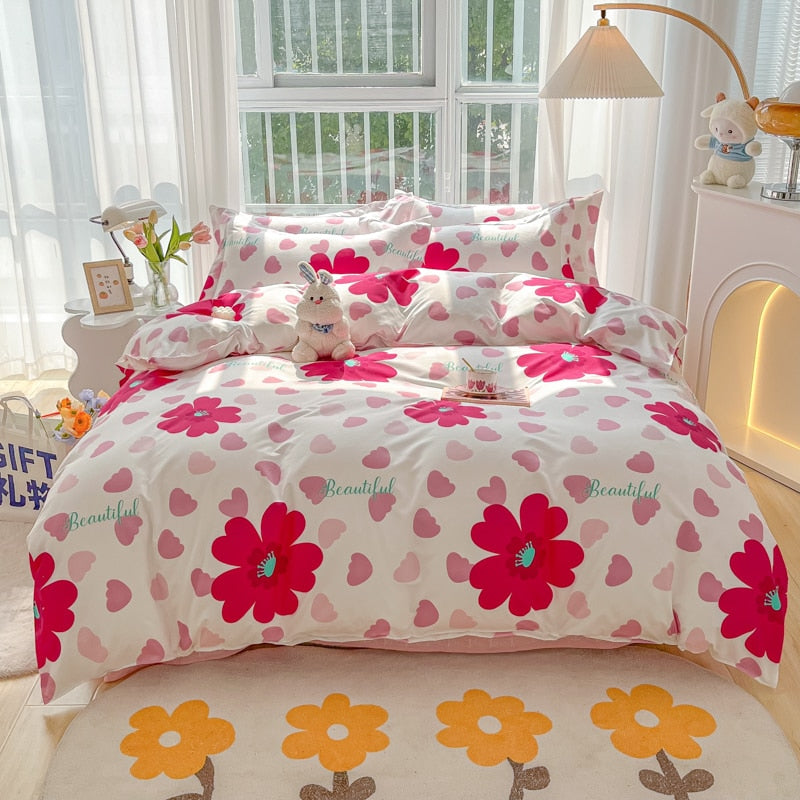 Cotton Home Textile Rose Floral Bedding Set Boy Girl Duvet Cover Flat Sheet Pillowcase Aesthetic Bedcloth Double Queen Bed Linen