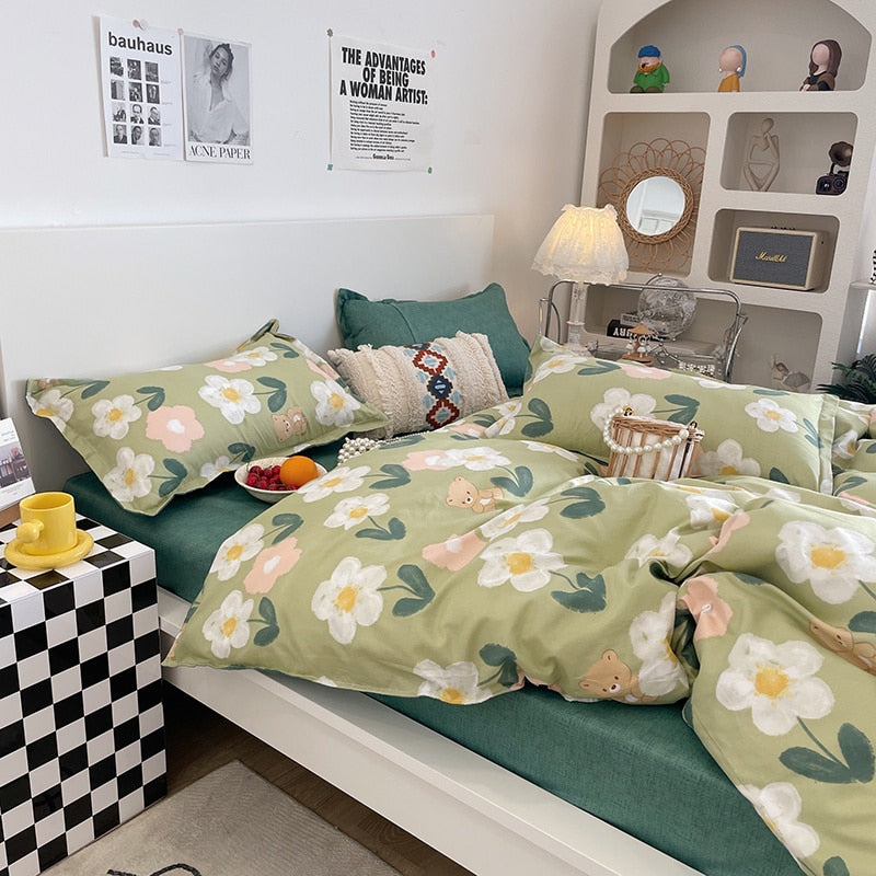 Dreamreal Floral Bedding Set with Duvet Cover 30 Colors Duvet Cover Fitted Sheet Pillowcase Luxurious Satin