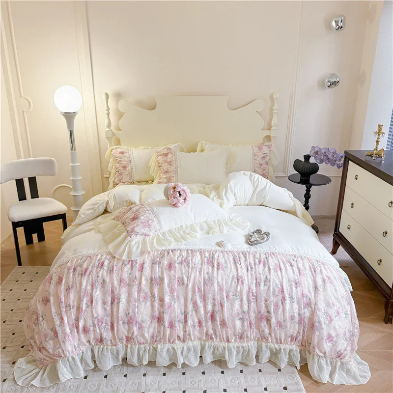 Flowers Lace Ruffles Princess Wedding Bedding Set Full Queen King Duvet Cover Bed Skirt/Bed Sheet/Fitted Sheet Pillowcases 4Pcs