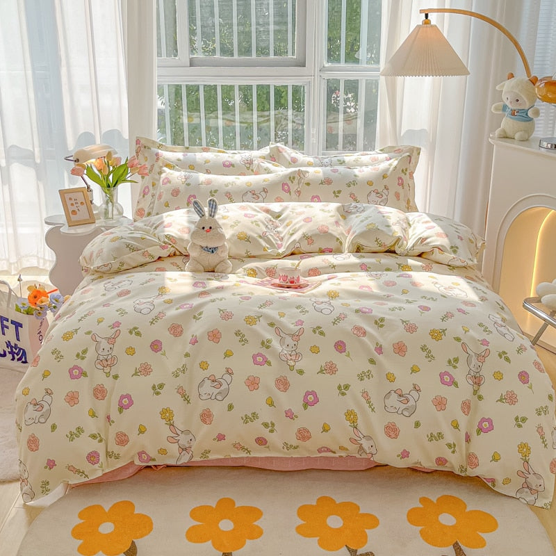 Cotton Home Textile Rose Floral Bedding Set Boy Girl Duvet Cover Flat Sheet Pillowcase Aesthetic Bedcloth Double Queen Bed Linen